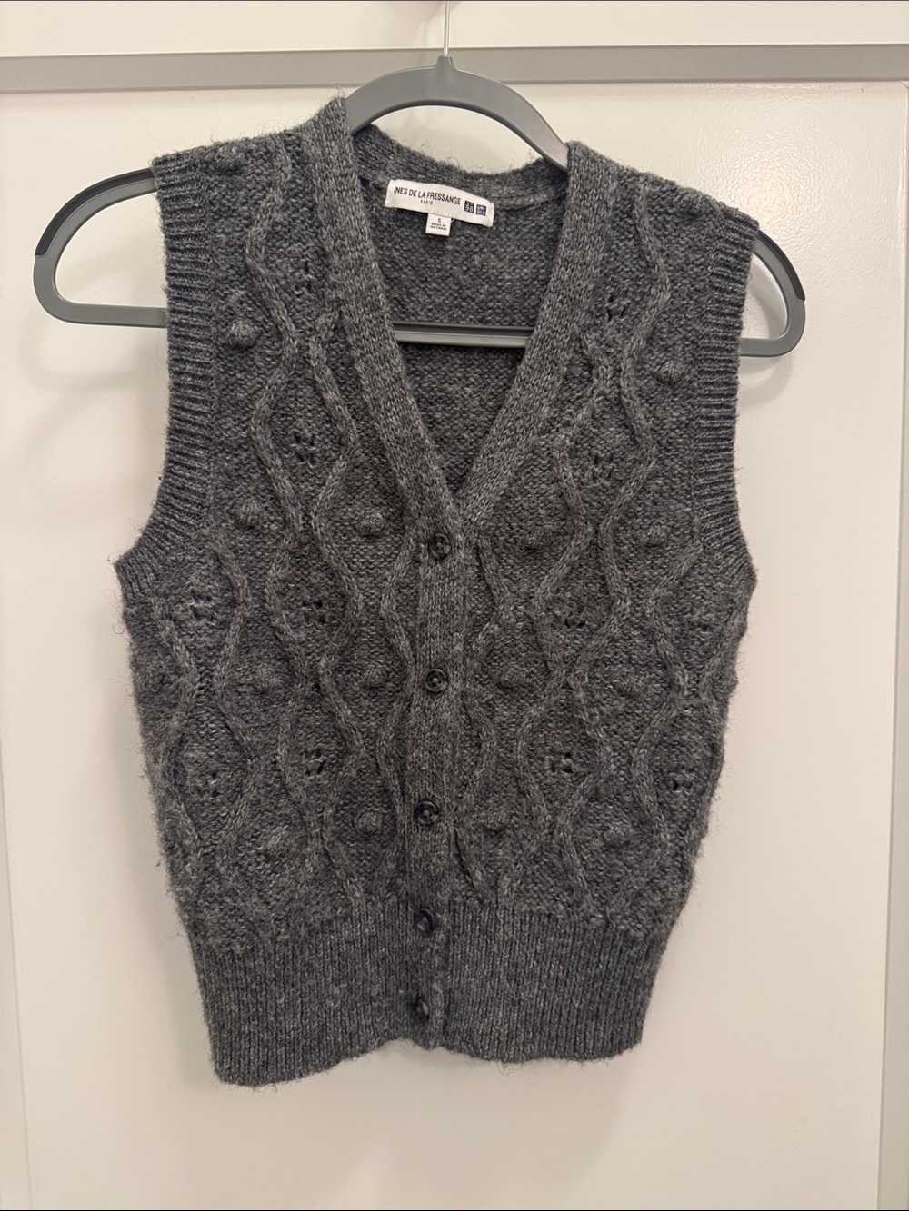 Uniqlo Dark Gray Cable Knit V-Neck Button Vest